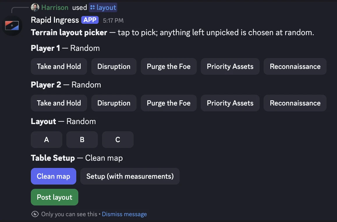 The Rapid Ingress Discord bot's /layout command: pickers for both players' Force Dispositions, layout A/B/C and table setup style