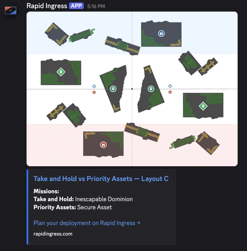 The bot's posted result: the full terrain layout image with both missions and a link to plan the deployment on Rapid Ingress