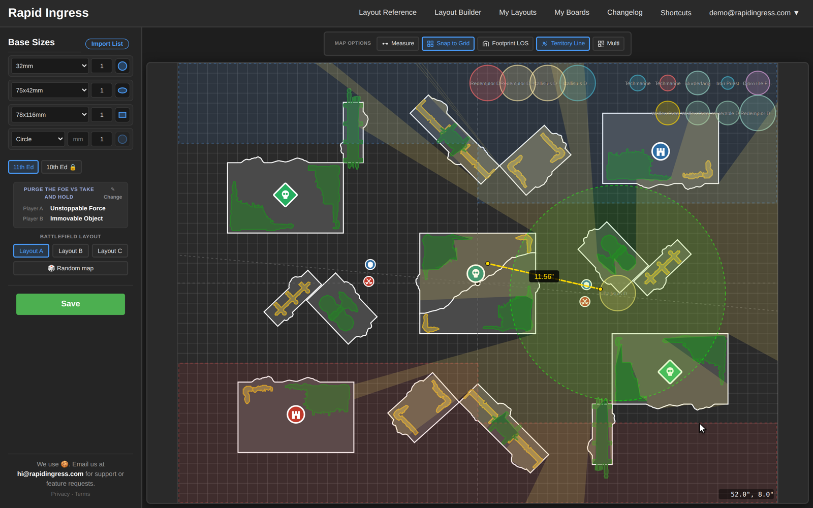 Rapid Ingress battlefield with army, line of sight and measurements