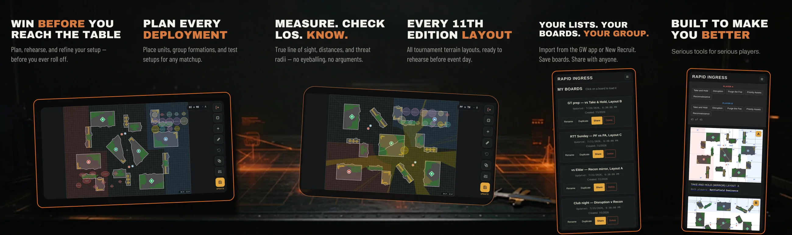 The Rapid Ingress mobile app: battlefield planning, deployment, line of sight, every 11th edition layout, saved boards and sharing