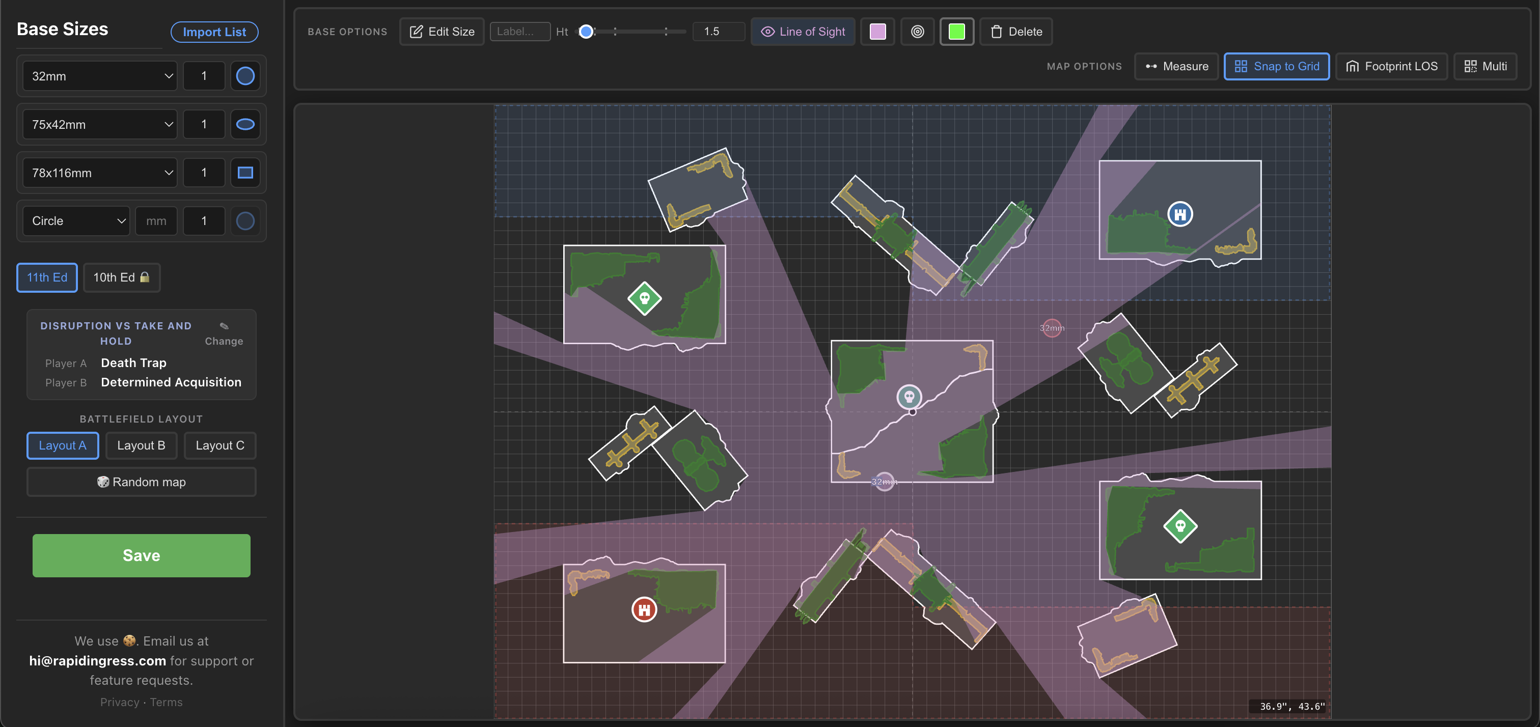 Rapid Ingress 11th-edition battlefield with terrain, deployment zones and line of sight